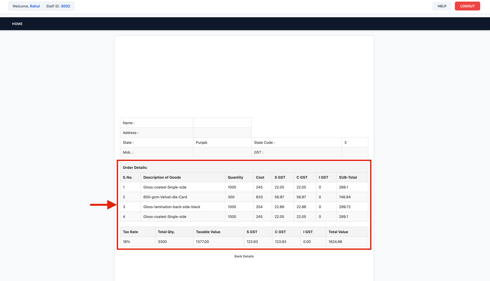 Reports and GST Billing Dashboard Screen