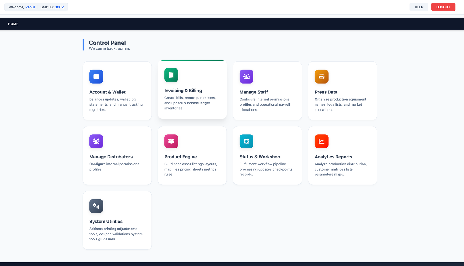 Printing Press Main Software Dashboard Overview