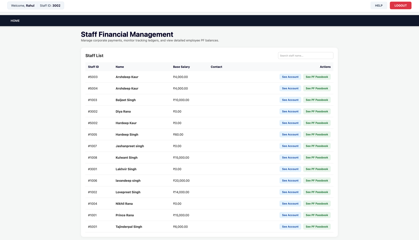 Staff Pay Ledger and Multi-role Access Screen