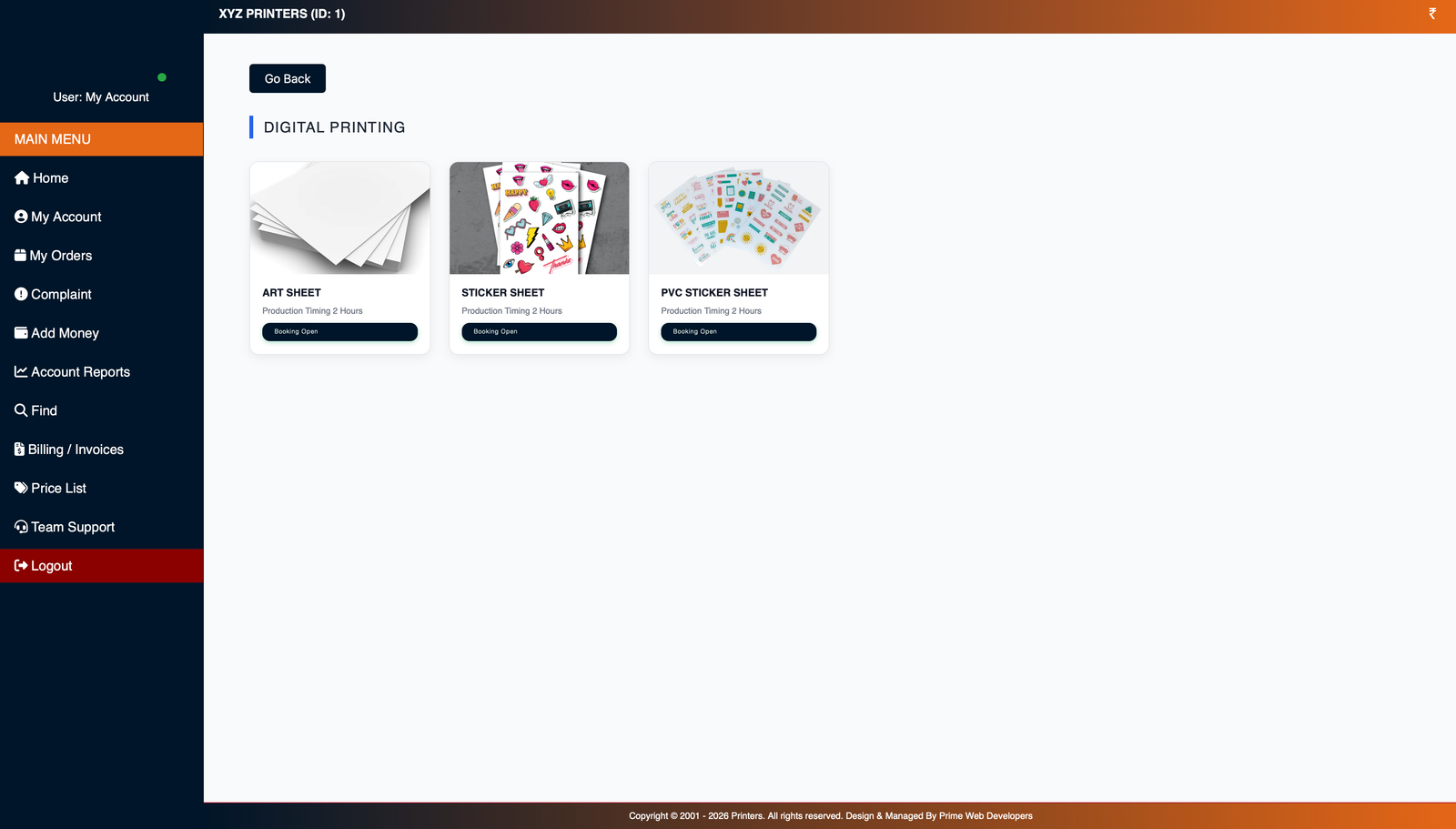 Printing Press Main Software Dashboard Overview